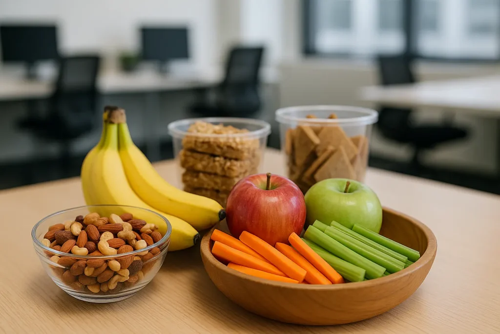 snacks saludables para la oficina con fruta y frutos secos