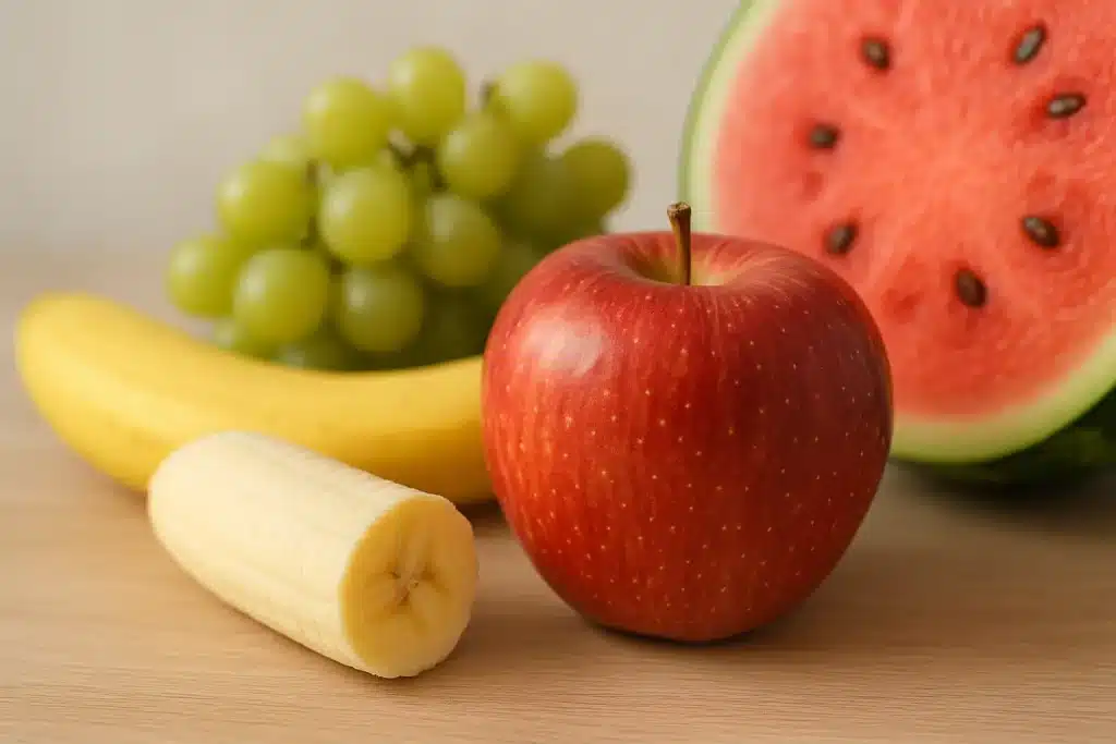 Cesta de frutas frescas en la oficina.
