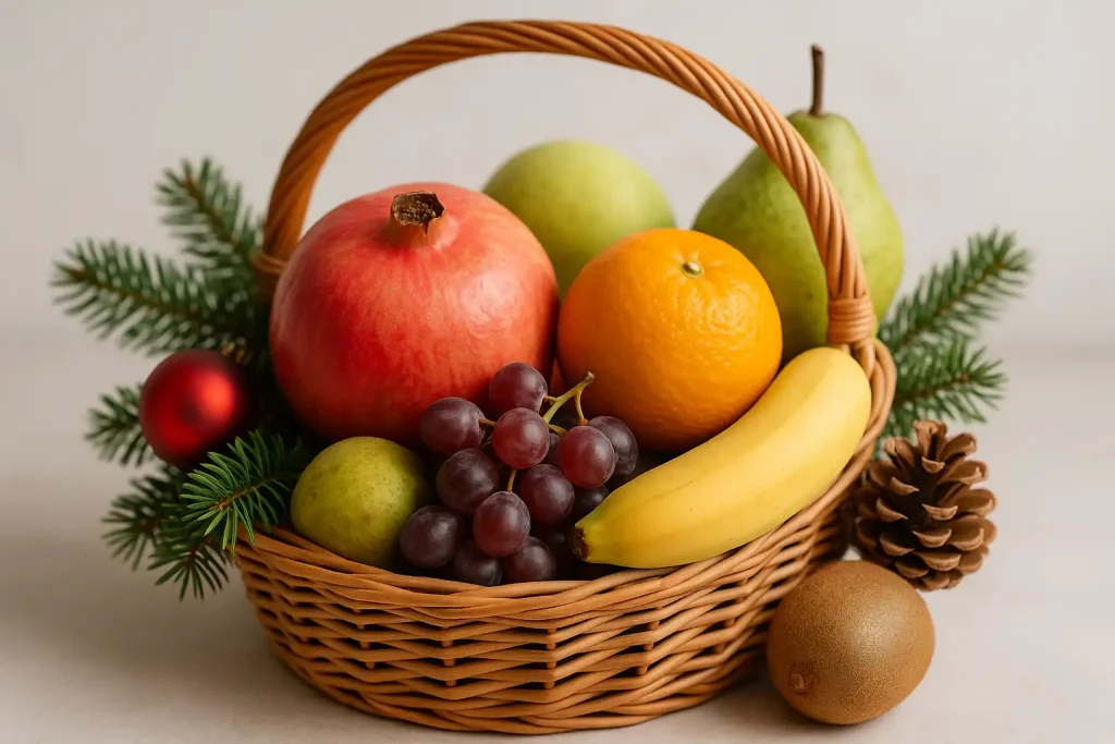 Cesta de Navidad saludable con frutas frescas y decoración navideña
