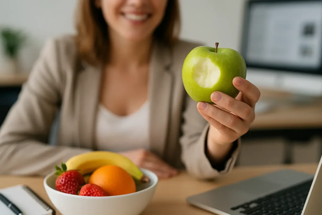 Persona comiendo fruta en la oficina