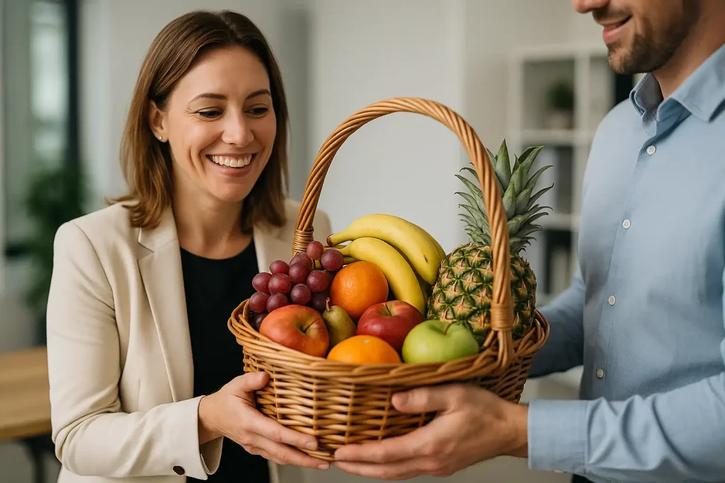 Empleados recibiendo una cesta de frutas como regalo de empresa