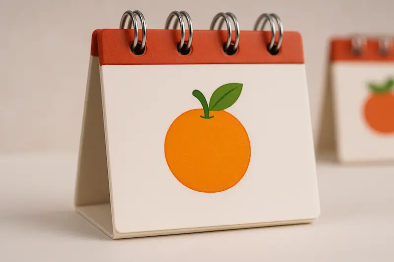 Calendario 2026 junto a una cesta de fruta fresca.