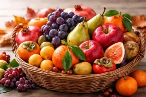 Cesta de frutas de otoño e invierno en una oficina con granadas, mandarinas y manzanas