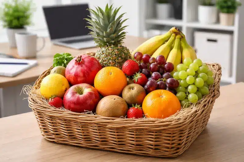 Cesta de fruta fresca entregada a domicilio para un teletrabajador