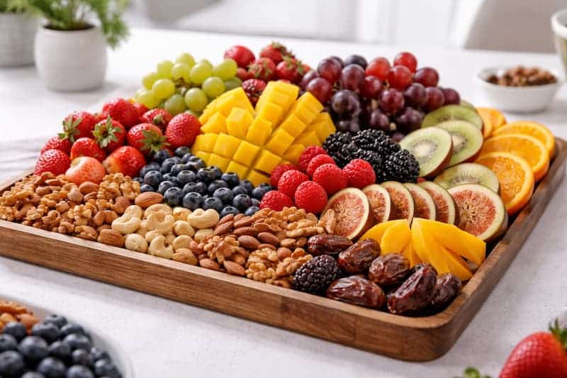 Bandeja de frutas frescas y frutos secos para reunión de empresa