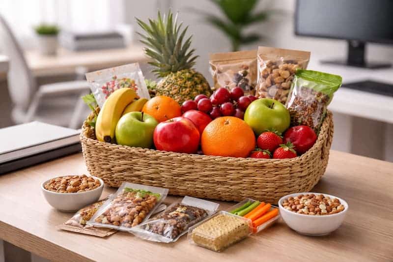 Kit de bienvenida saludable con cesta de fruta fresca y snacks naturales sobre un escritorio de oficina moderno
