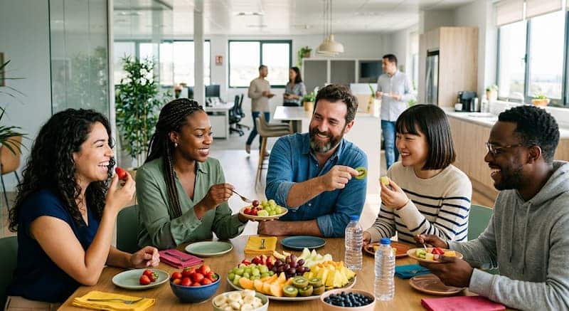 Empleados compartiendo fruta fresca durante una pausa saludable en la oficina