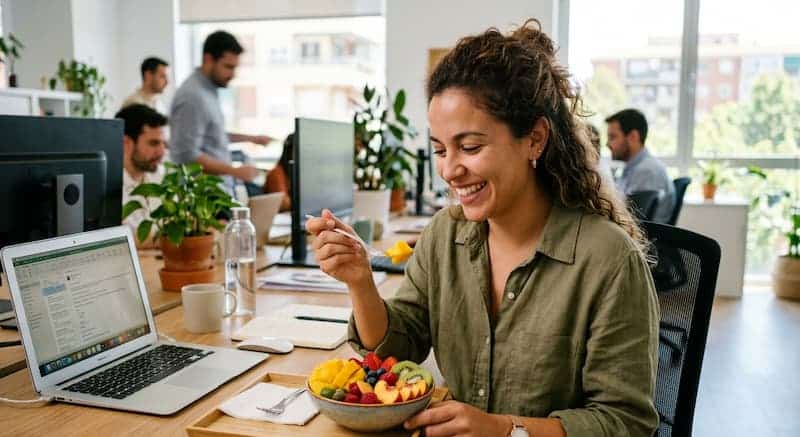 Trabajador disfrutando de un snack saludable con frutas de verano en la oficina