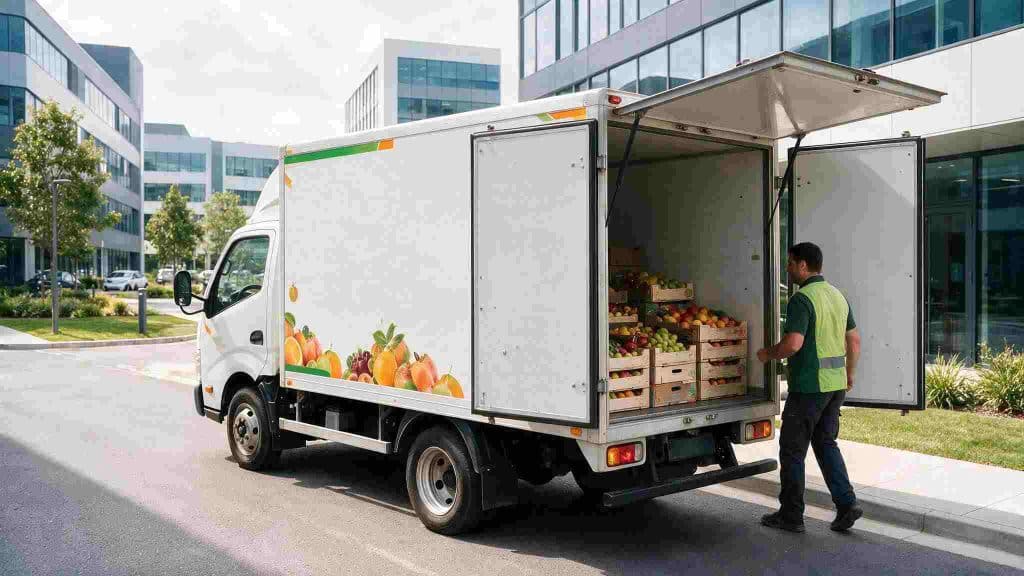 Reparto de cestas de fruta fresca en una empresa